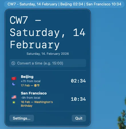 Clock in der macOS-Menüleiste mit mehreren Weltuhren